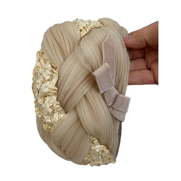 Vintage 50s Woodward & Lothrop Hat Beige Pleated Chiffon & Straw Pillbox Bow - Picture 2 of 7